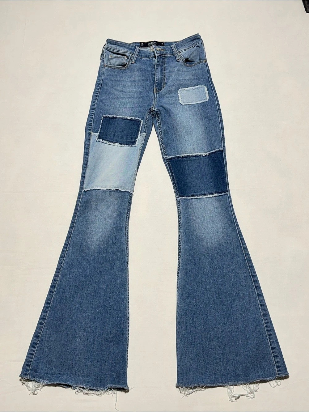 Hollister High-Rise Flare Patchwork Flare Jeans Blue Waist 25